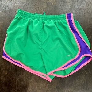Nike Women's Athletic Shorts in Green with Purple and Pink Trim
